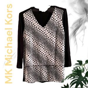 MICHAEL KORS Ladies Size:L Mixed-Media double layered Top Blk White floral EUC